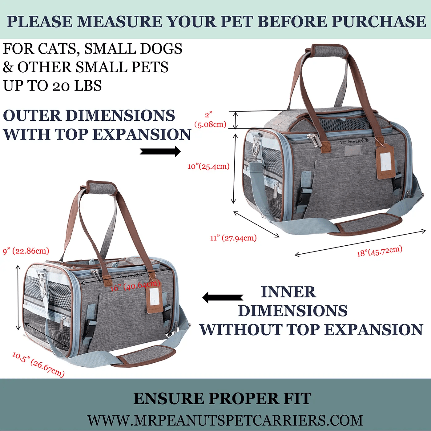 Mr. Peanut's Gold Series expandable pet carrier, gray fabric with brown straps, airline-approved.