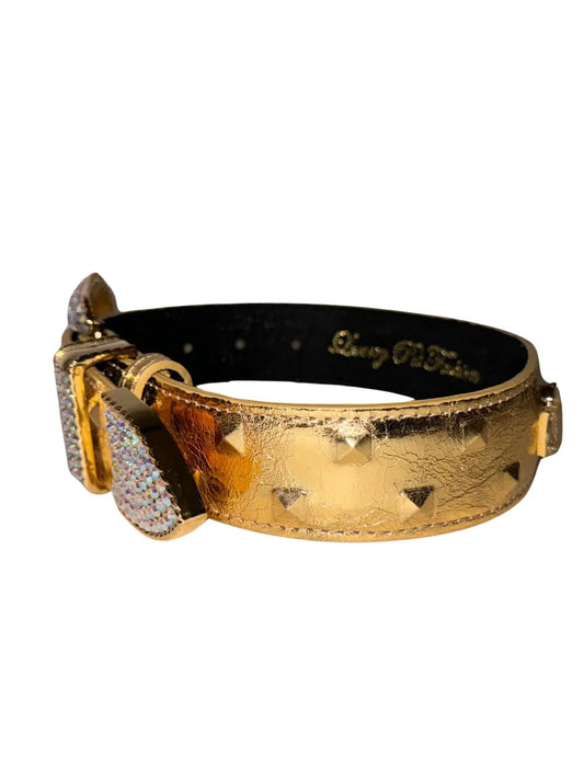 Glam Gold Studded Italian Leather Collar With Swarovski Buckle by Allysa Payne Beverly Hills