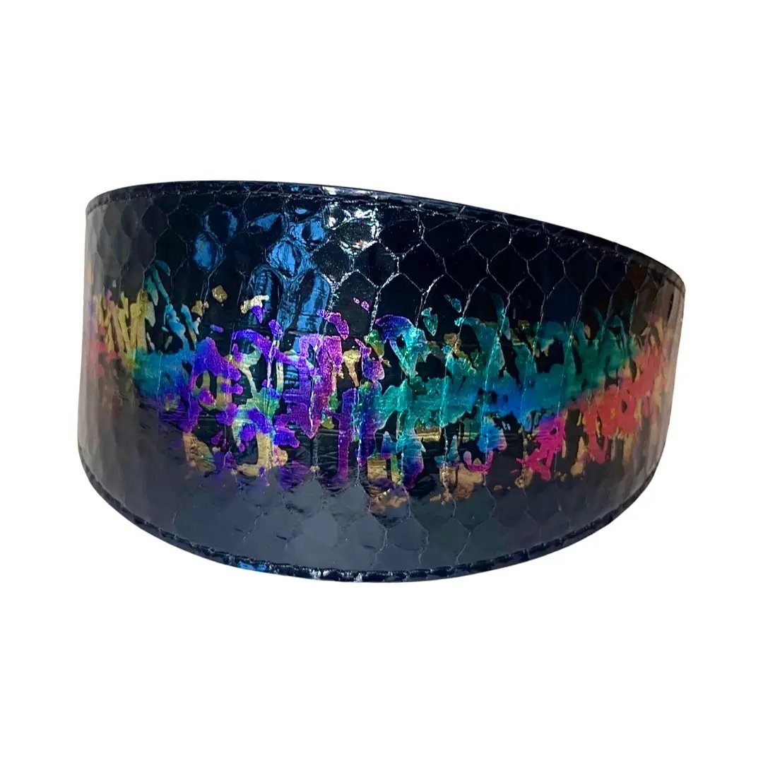 3-inch wide art deco custom snake collar with black faux snakeskin and rainbow gradient finish
