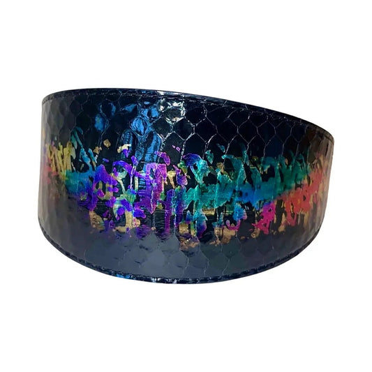 3-inch wide art deco custom snake collar with black faux snakeskin and rainbow gradient finish