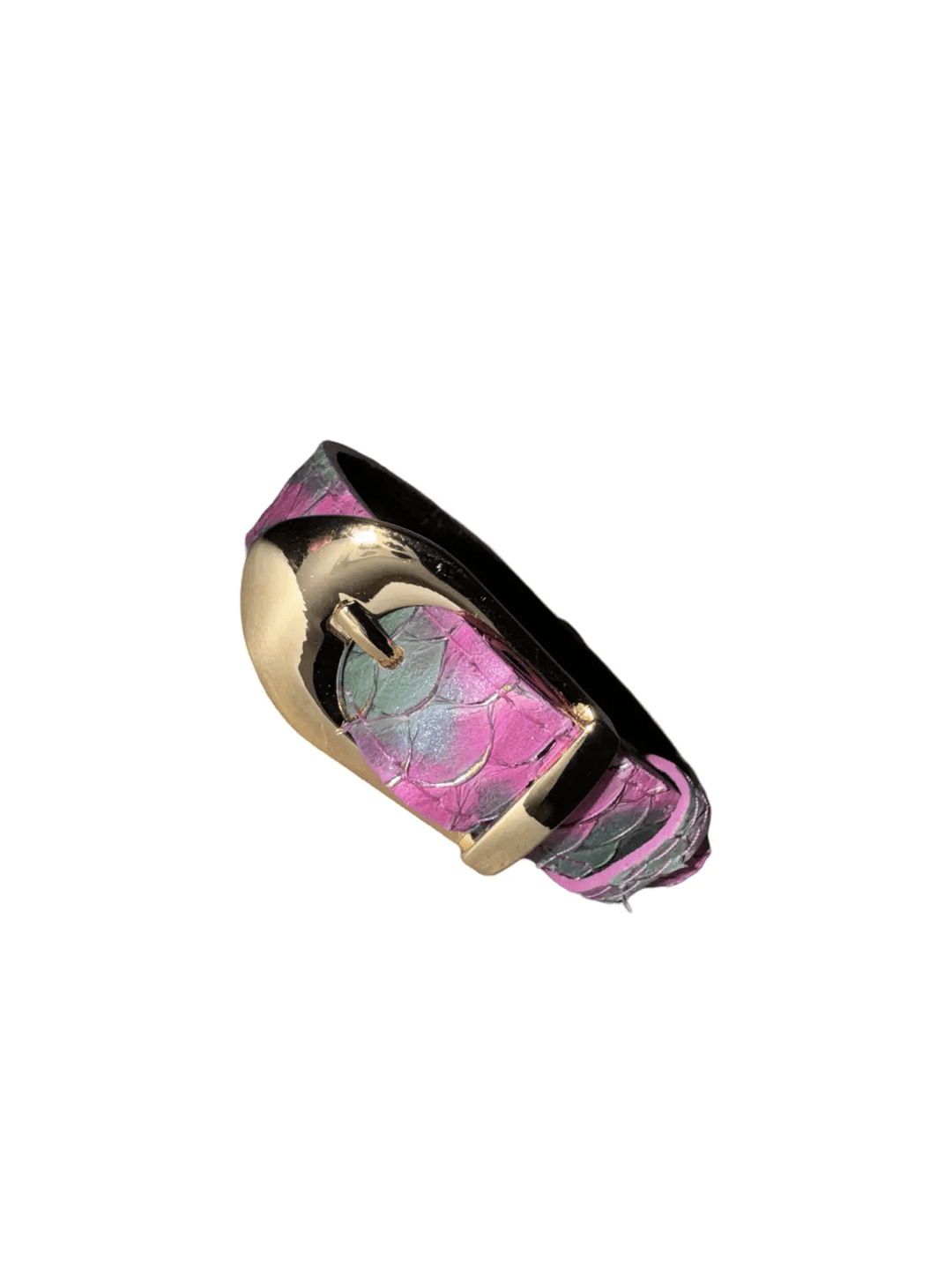 Mermaid Collection XS Collar by Allysa Payne Beverly Hills, pink iridescent scale-patterned band with gold hardware