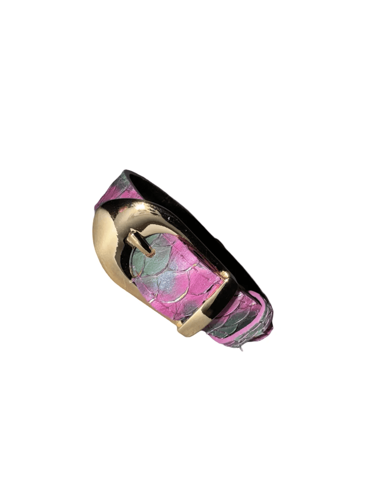 Mermaid Collection XS Collar by Allysa Payne Beverly Hills, pink iridescent scale-patterned band with gold hardware