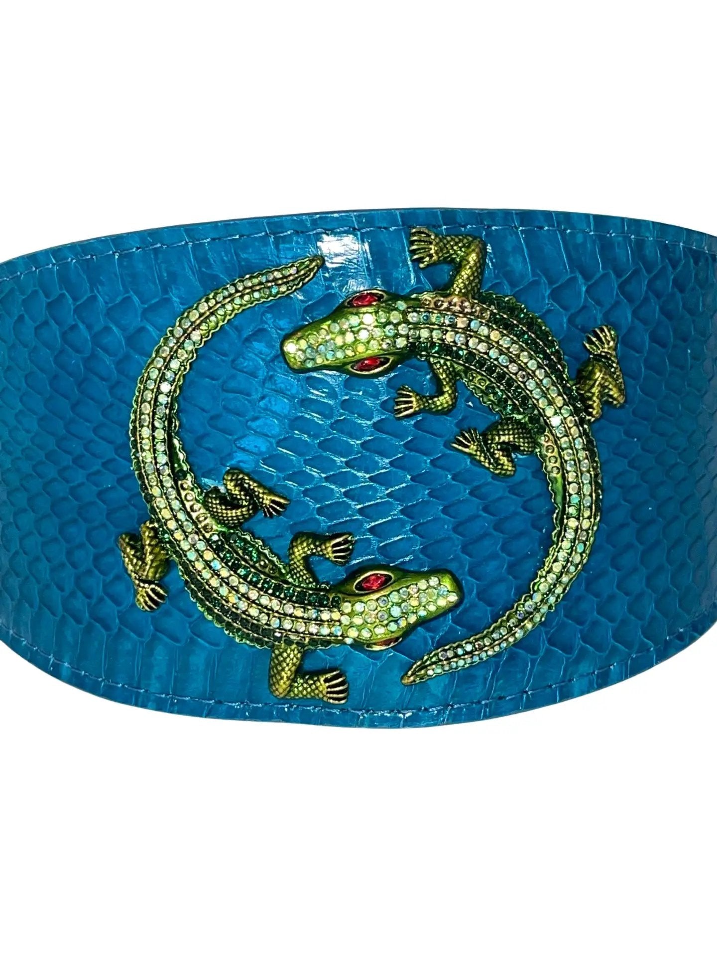 Dark turquoise 3-inch wide snake collar with green rhinestone alligator embellishments, Allysa Payne Beverly Hills