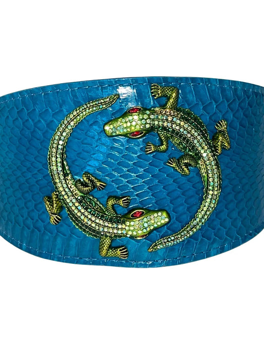 Dark turquoise 3-inch wide snake collar with green rhinestone alligator embellishments, Allysa Payne Beverly Hills