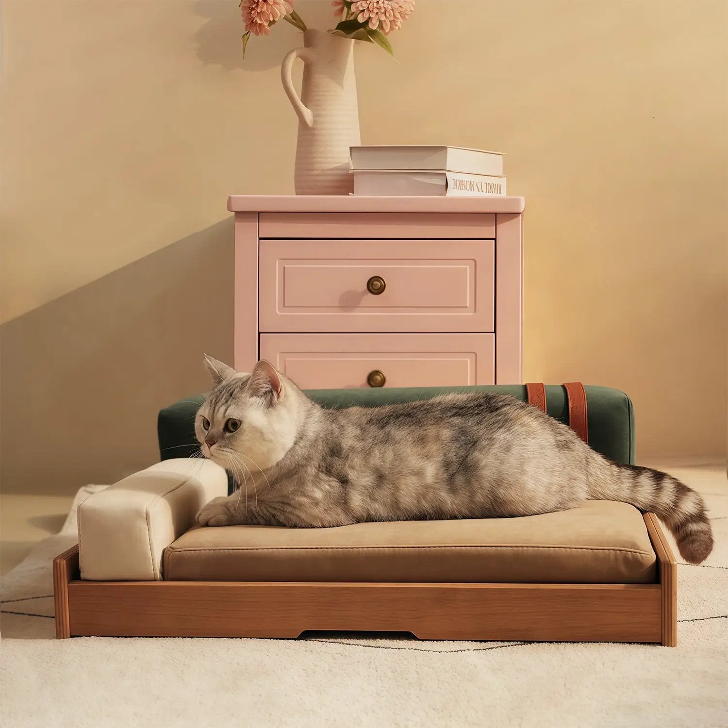 Modern wooden pet bed for cats and dogs with a light wood frame and beige cushion