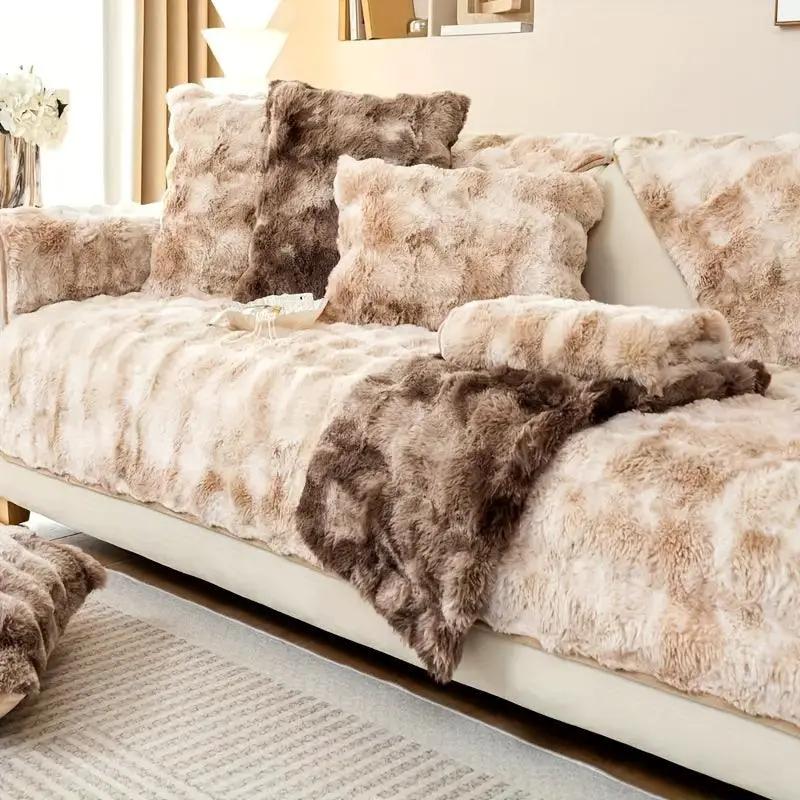 Luxurious Gradient Velvet Sofa Cover with plush cushions on beige sofa