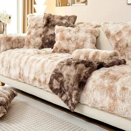 Luxurious Gradient Velvet Sofa Cover with plush cushions on beige sofa