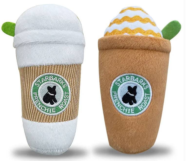 Puppaccino dog toys; two plush coffee cups, white and brown with green logo, by For Animals, With Love.