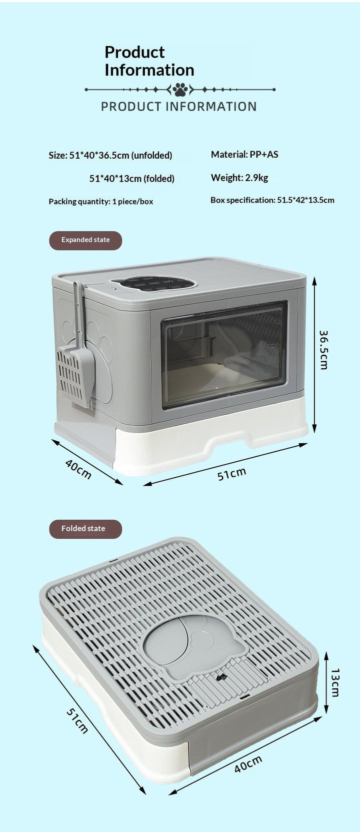 Expanded and folded litter-box size chart