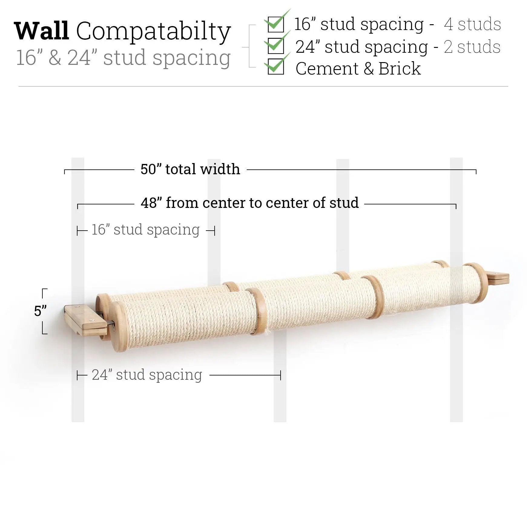 Horizontal Scratching Post for Cats; wall-mounted cat scratcher with natural wood and sisal rope, 50 inches wide
