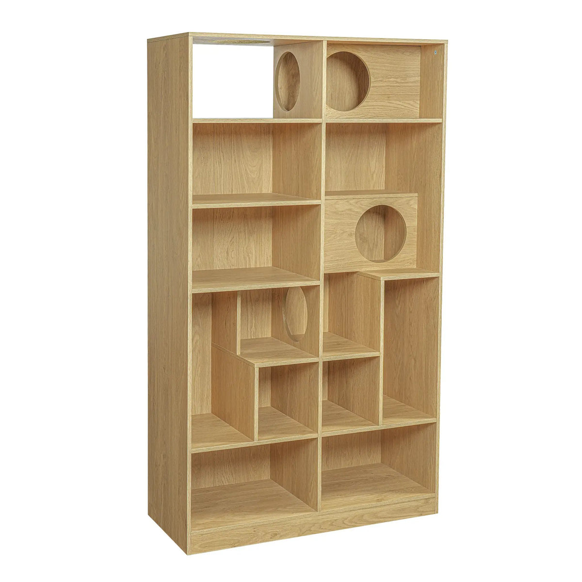 2-in-1 wooden cat house bookshelf with circular holes by Sangria Beech in natural oak finish