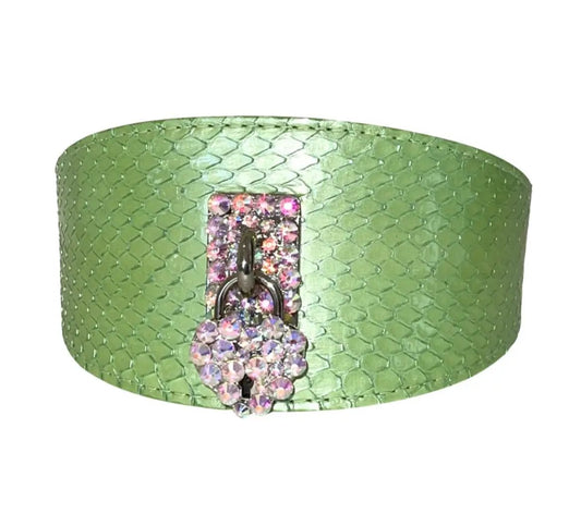 Love Collection Sea Anemone Pearl Green Snake Wide Collar with Swarovski Crystal Heart Locket by Allysa Payne Beverly Hills