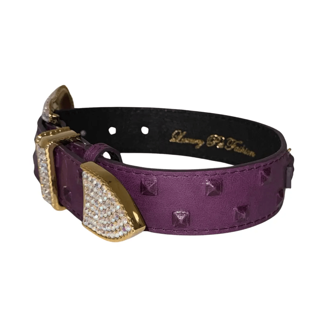 Glamorous Boysenberry embossed studded Italian leather collar by Allysa Payne Beverly Hills, Swarovski crystal buckle.