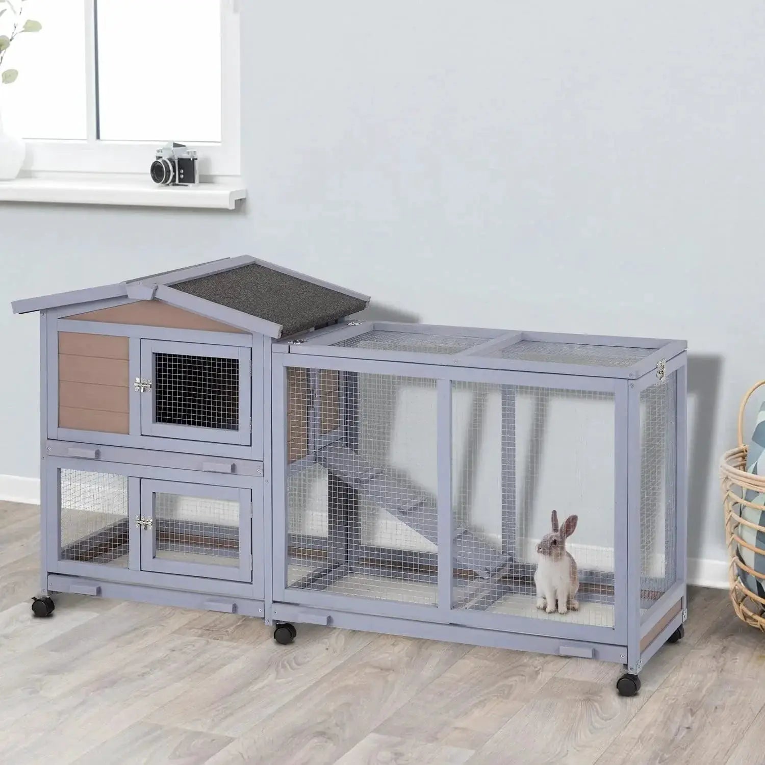 Premium Outdoor Indoor Two Layer Wooden Rabbit Hutch Waterproof Roof by Vivalo