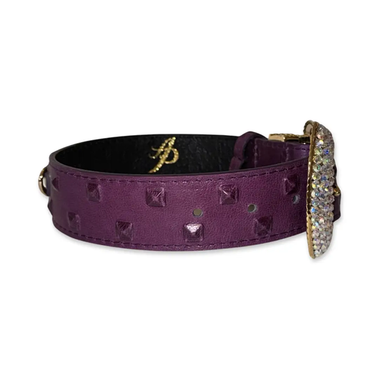 Bracelet: boysenberry embossed Italian leather with studded texture and Swarovski crystal collar, Allysa Payne