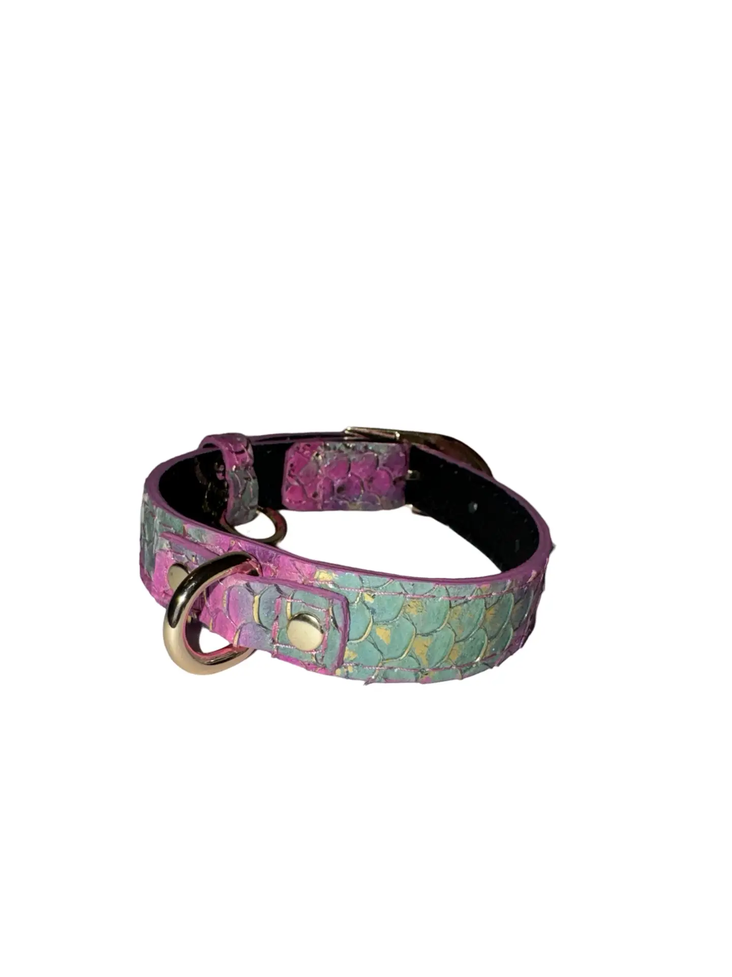 Mermaid Collection XS Collar by Allysa Payne Beverly Hills; pink-teal-purple scale pattern with gold hardware.
