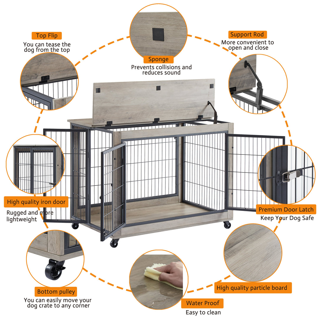 Rolling Wooden Dog Crate Table with Lift Top – Grey – photo 4