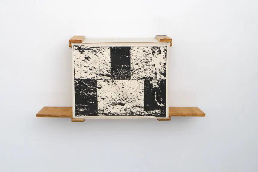Cat Cubby for Wall by Catastrophic Creations; covered cat bed with black-and-white checker panel and wooden shelves