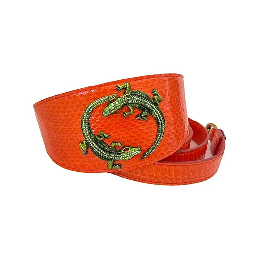 Orange snake-textured collar and leash set, 3 in wide, with green rhinestone alligator motif, Allysa Payne Beverly Hills