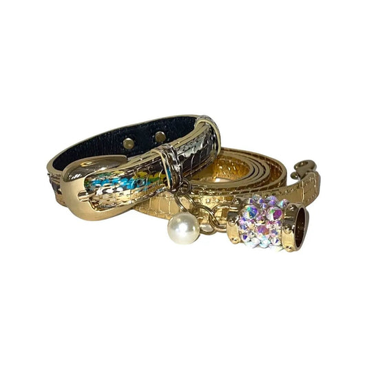 Collar and leash set: gold multi-tone snake collar with crystal charm and pearl accent, Allysa Payne Beverly Hills