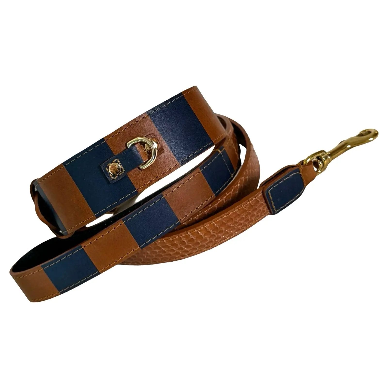 Riviera Classic Collar and Leash Set by Allysa Payne Beverly Hills; navy and tan leather.