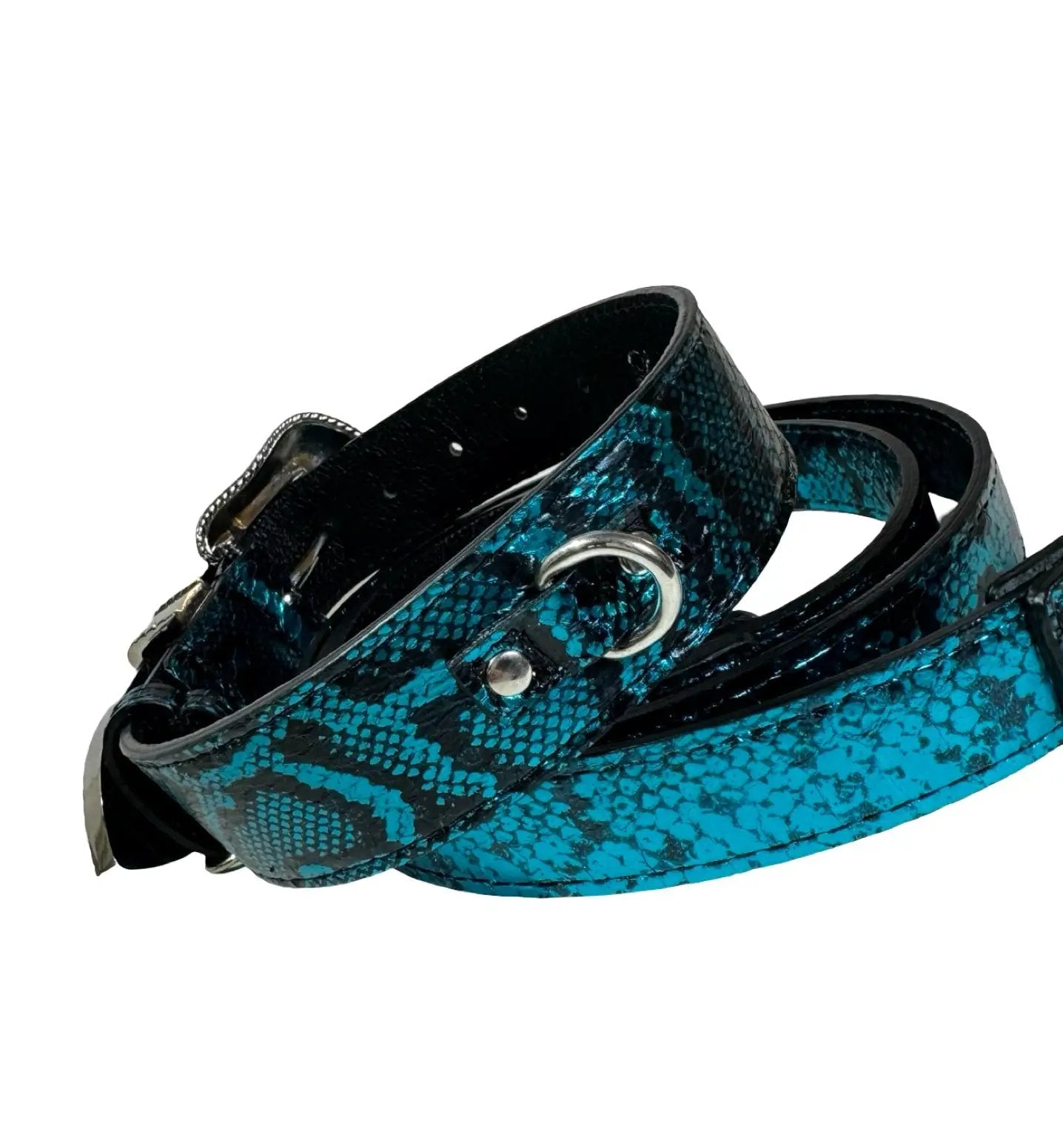 Blue and black Serpente belt set, two blue snakeskin belts with silver hardware.