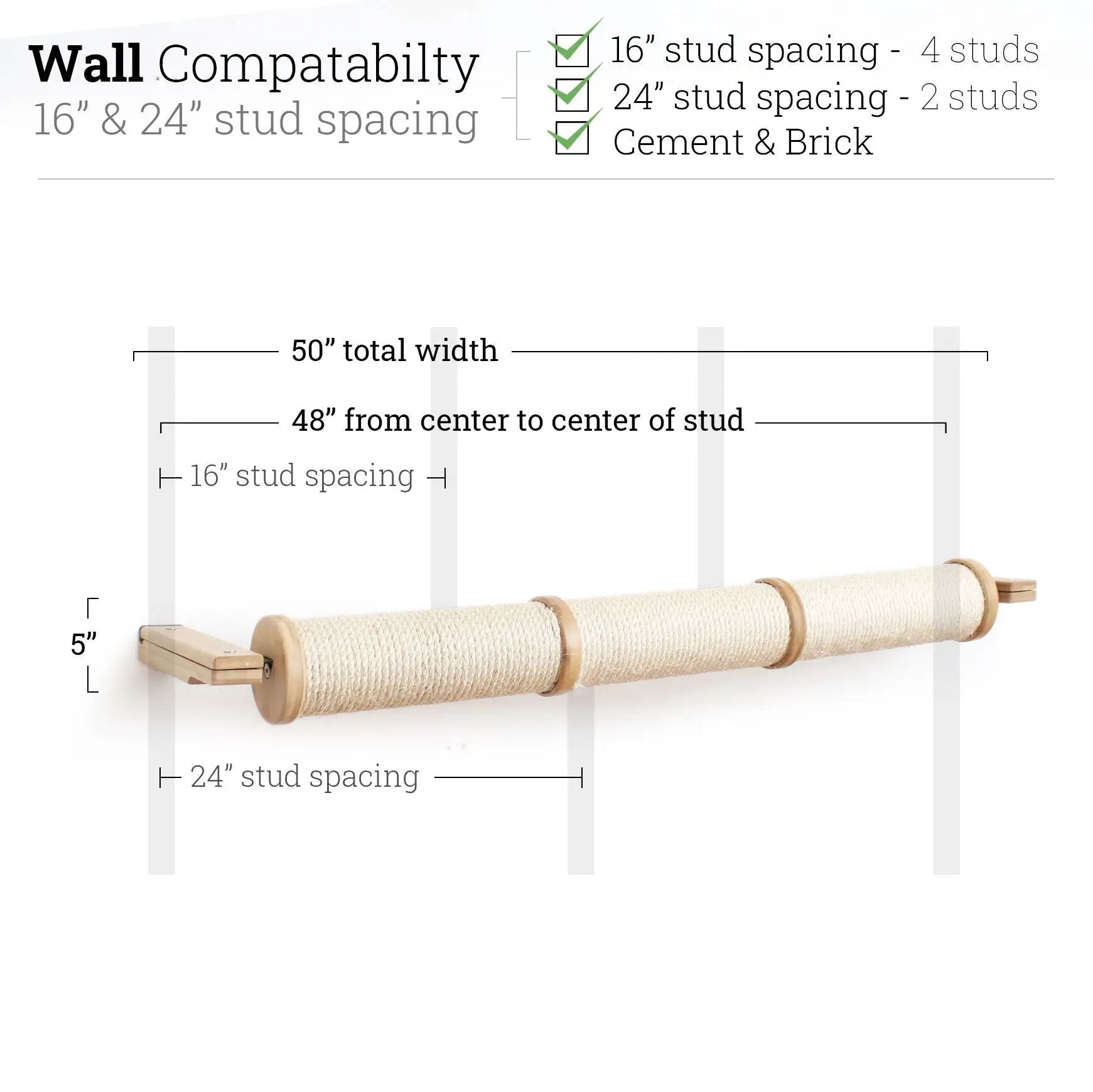 Horizontal Scratching Post for Cats, beige sisal-wrapped with wooden ends, wall-mounted