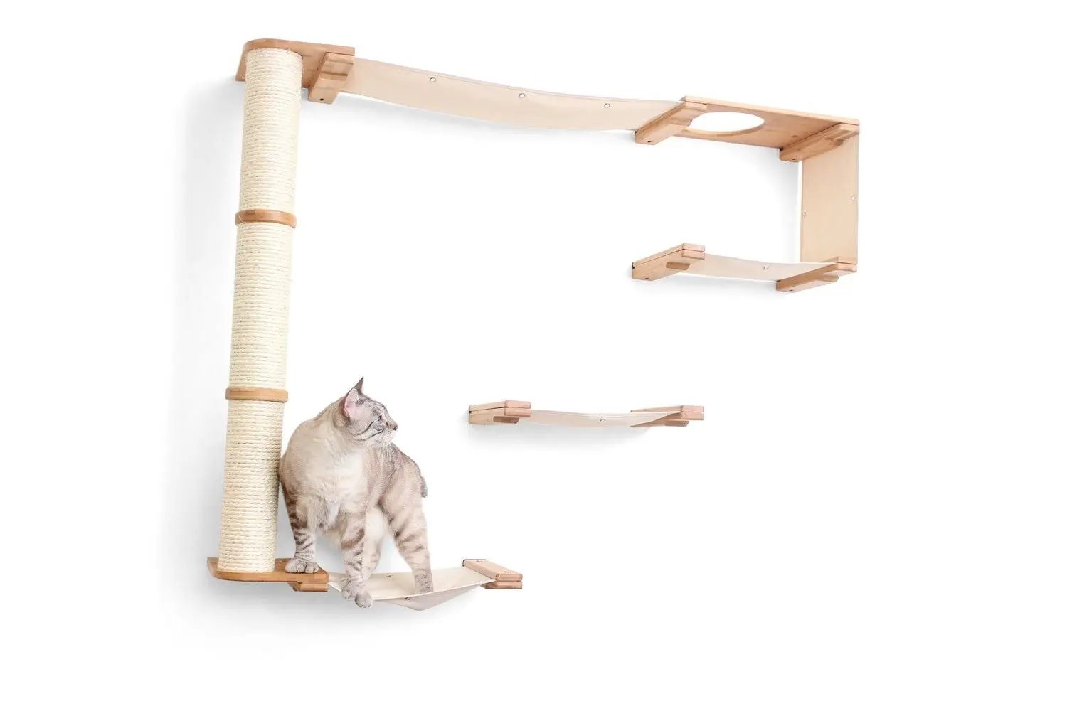 The Climb Condo Cat Wall Climbing System by Catastrophic Creations; natural wood with sisal rope post and wall shelves.