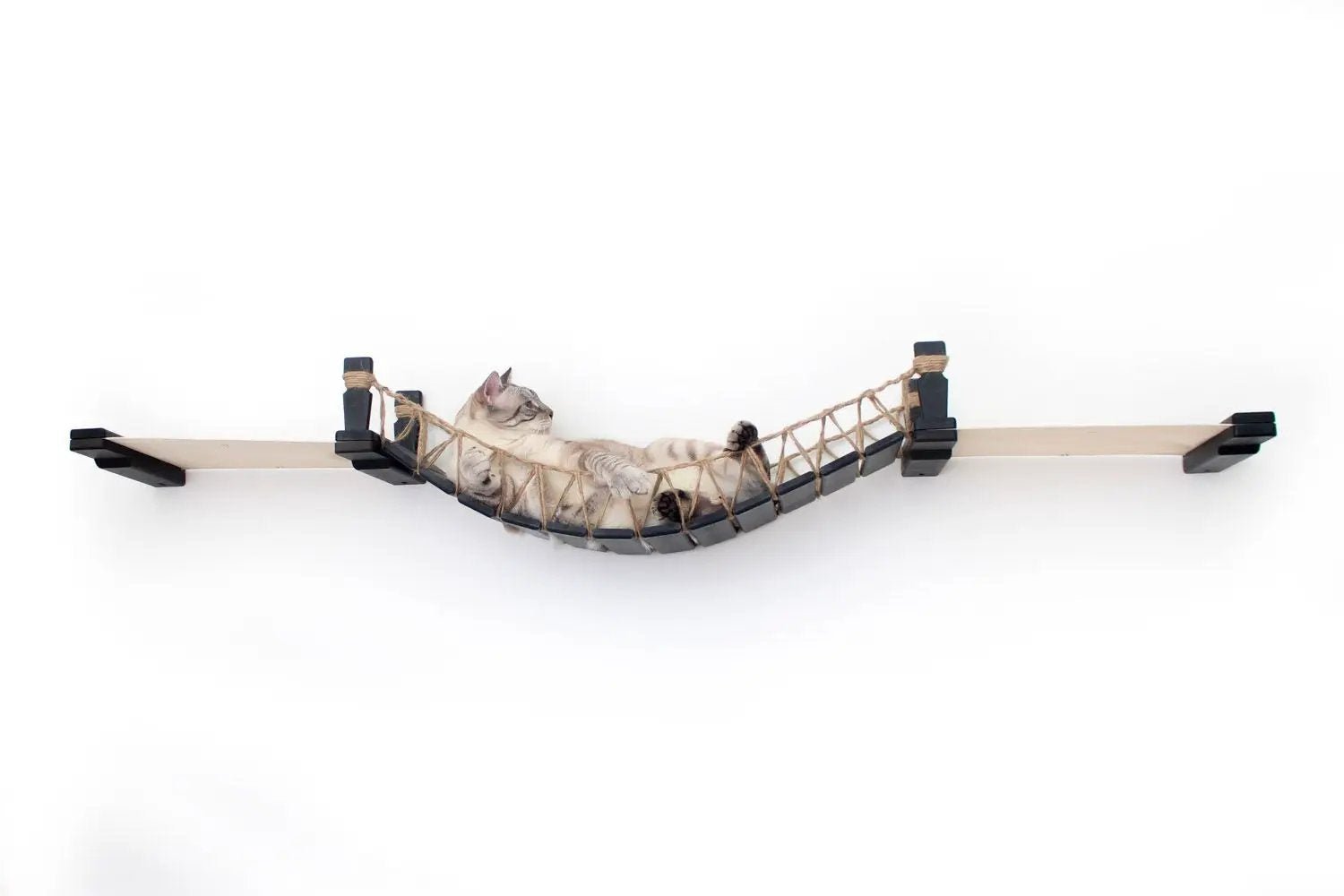 Double Cat Hammock and Climbing Bridge Combo; cat bridge in natural wood with rope net, one cat resting.