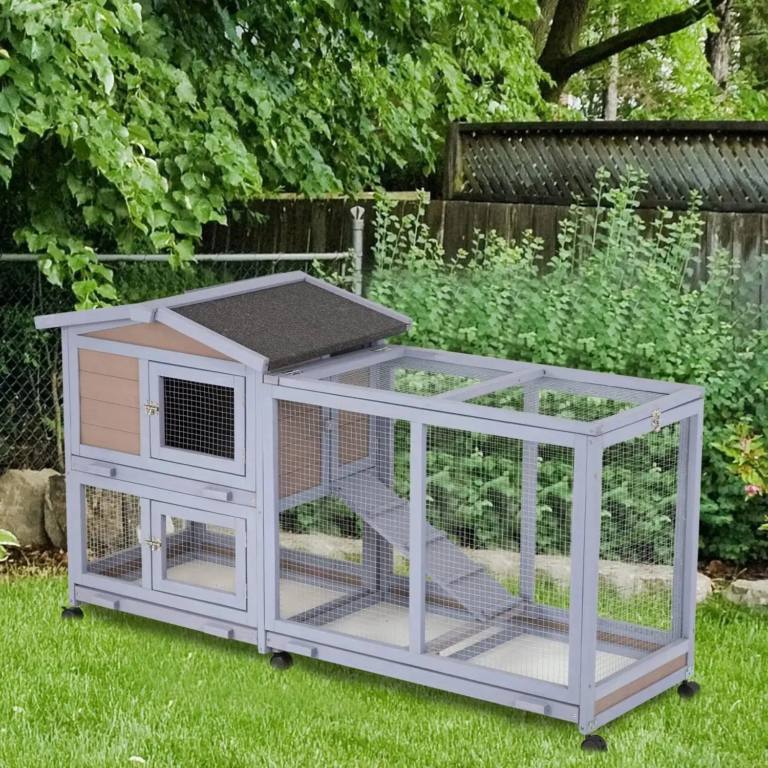 Premium Outdoor Indoor Two Layer Wooden Rabbit Hutch Waterproof Roof by Vivalo