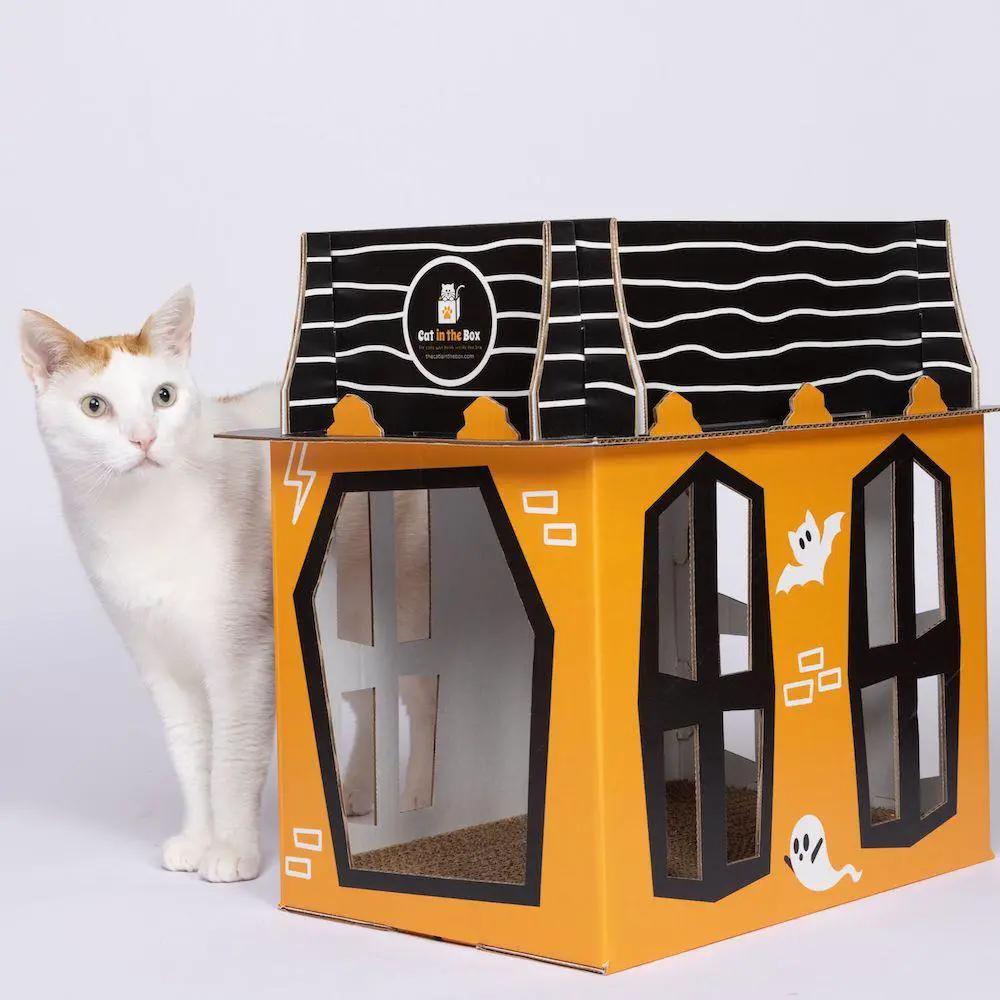 Spooky Cat Haunted House Cardboard Condo by Cat in the Box LLC, orange with black window panels and ghost decals