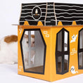 Load image into Gallery viewer, Spooky Cat haunted house cardboard condo by Cat in the Box; orange box with windows and ghosts, black striped tote on top (2-piece set).
