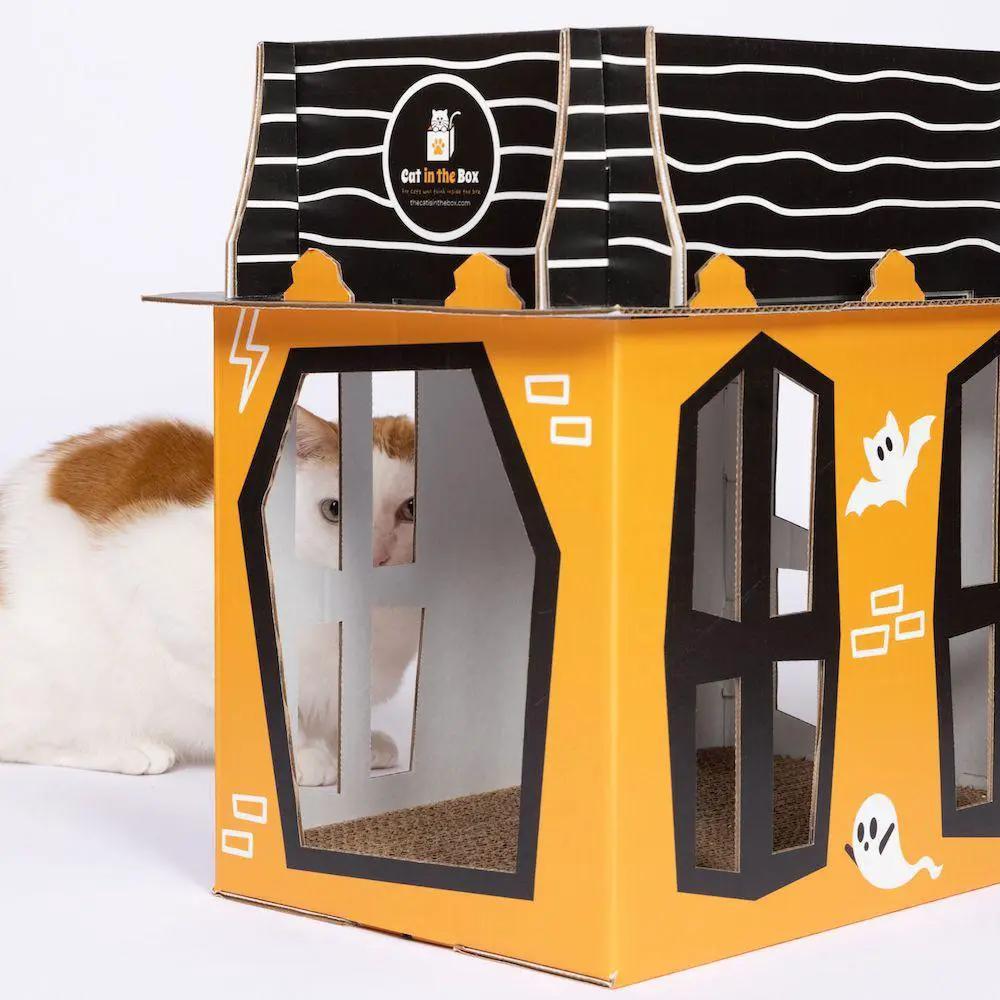Spooky Cat haunted house cardboard condo by Cat in the Box; orange box with windows and ghosts, black striped tote on top (2-piece set).