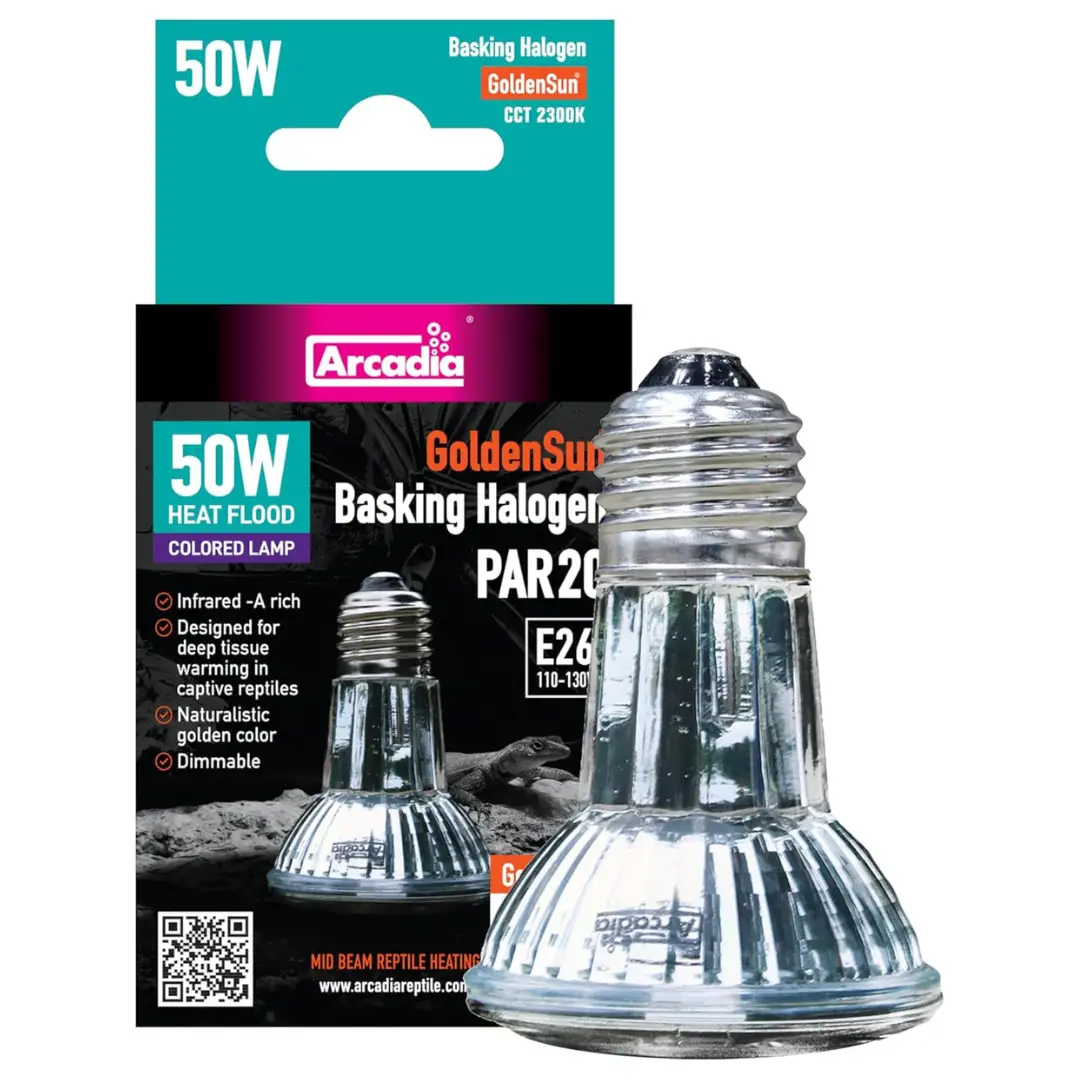 Arcadia GoldenSun 50W basking halogen heater for reptiles; two glass heat lamps shown in packaging by ReptiChip LLC.