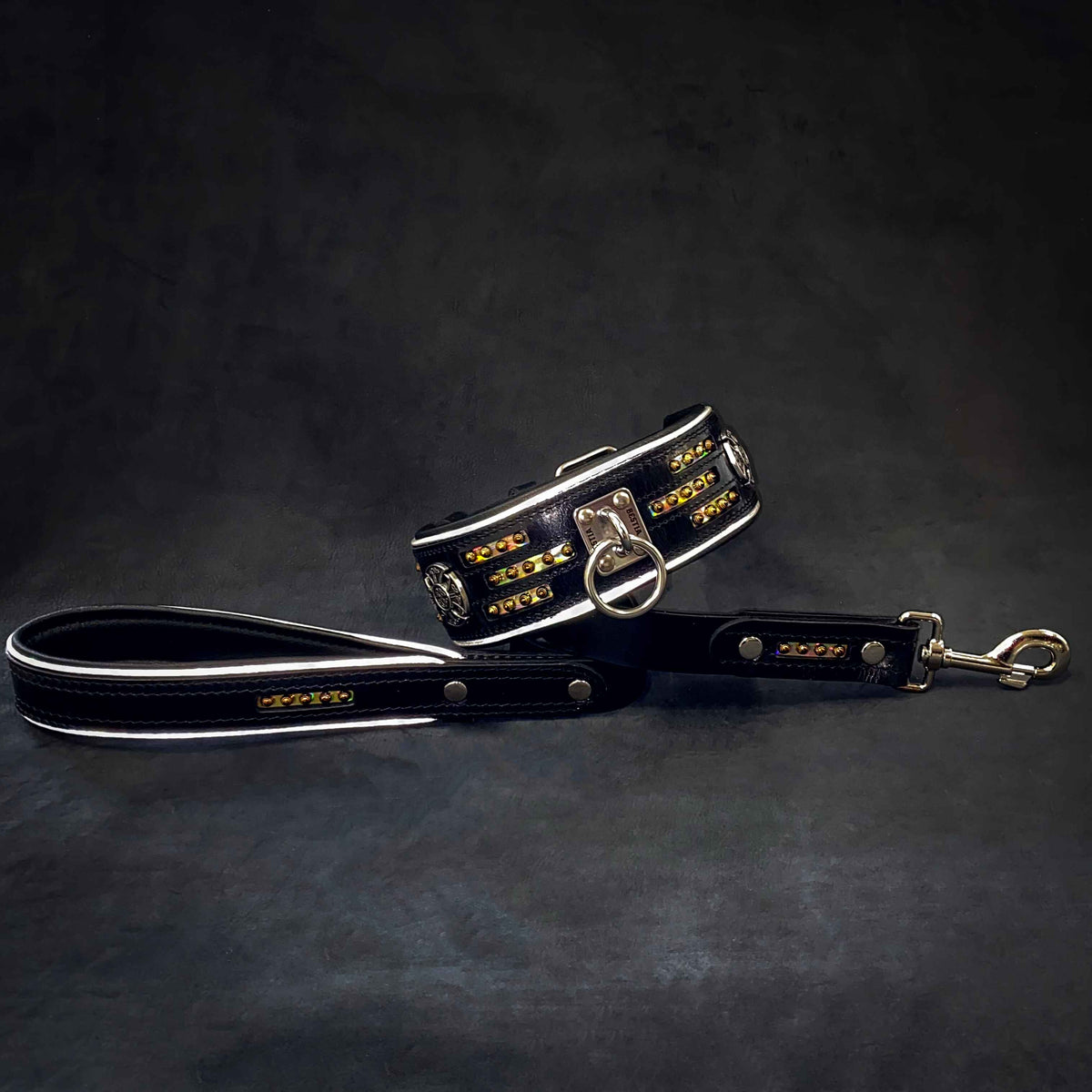 Bestia Atlantis black and chameleon leather dog collar, view 4
