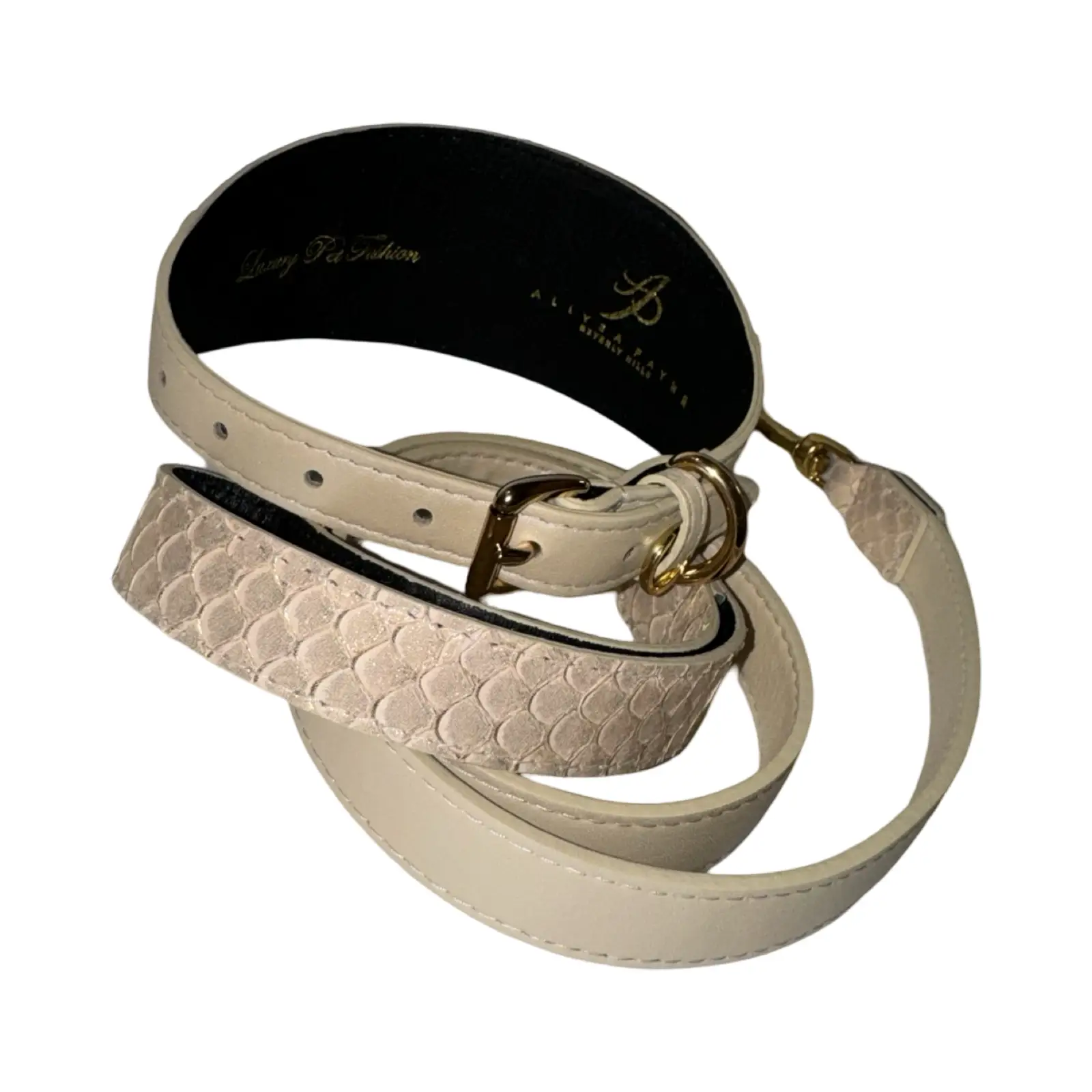 Hollywood Glam 2-piece Collar & Leash Set in beige faux snakeskin with gold hardware by Allysa Payne Beverly Hills