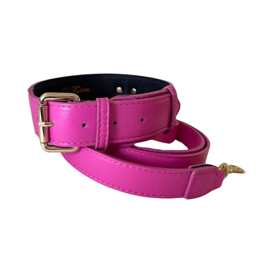 Mona Bella Fuchsia Pink Italian Leather Collar & Leash Set by Allysa Payne Beverly Hills