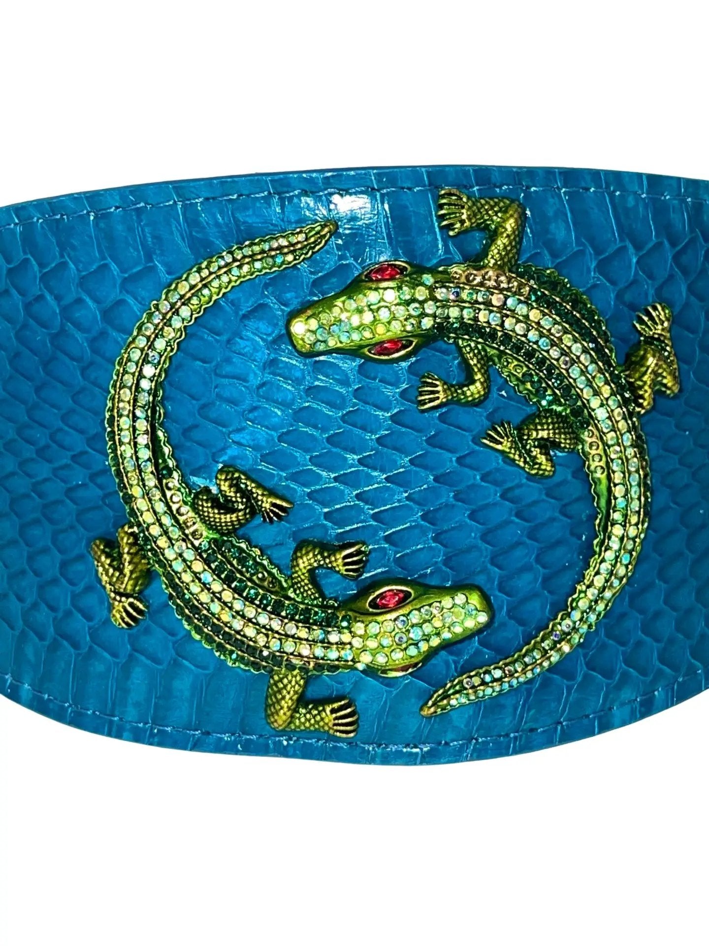 Dark turquoise 3-inch wide snake collar with green rhinestone alligators, by Allysa Payne Beverly Hills