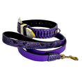 Load image into Gallery viewer, Amethyst Royale Python Set collars, purple python leather with crystal-embellished gold buckles, 2-piece.
