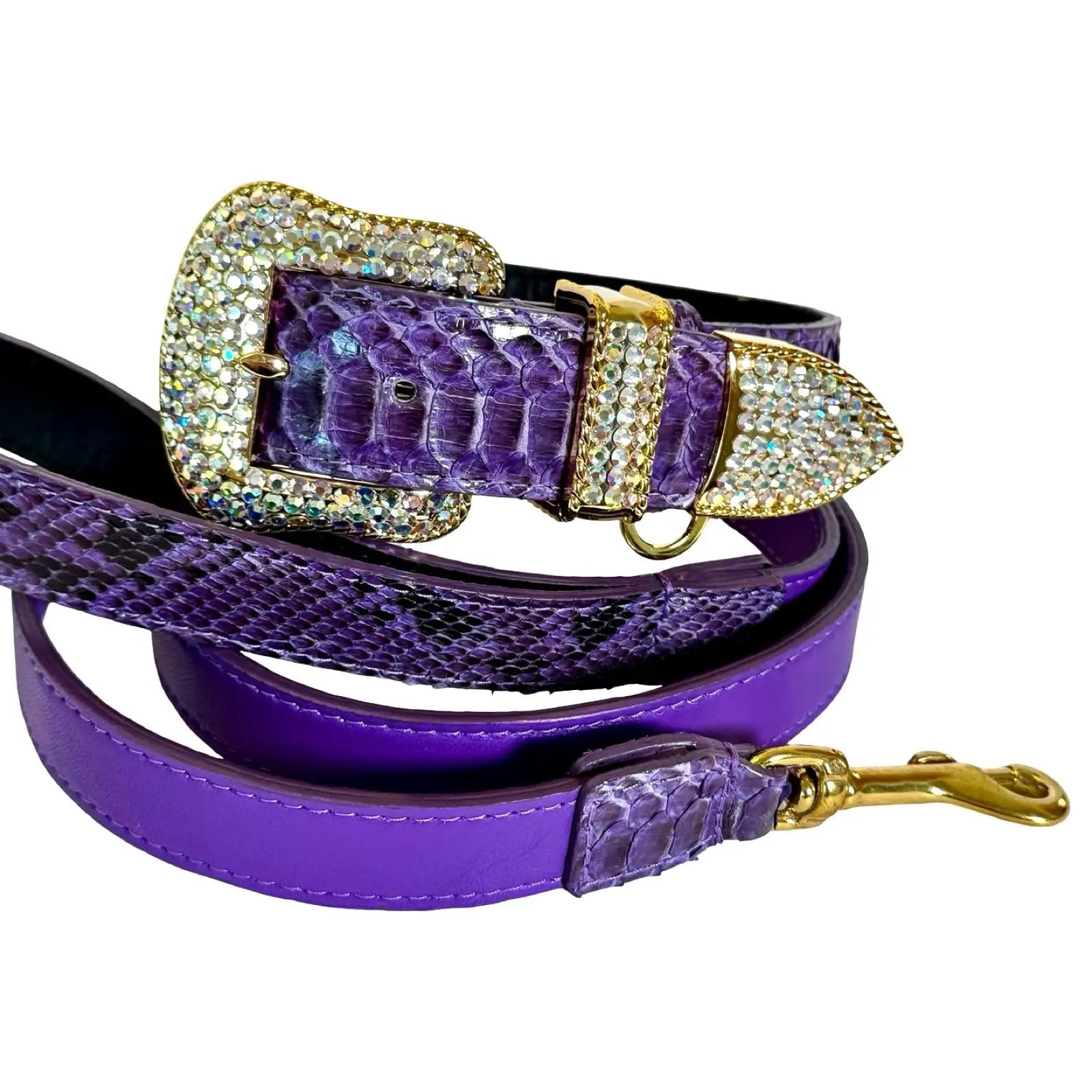 Amethyst Royale Python Set collar by Allysa Payne Beverly Hills; purple python skin with a jeweled gold buckle