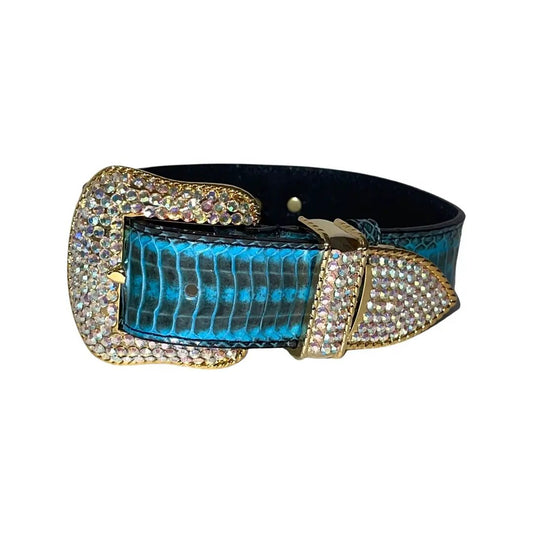 Turquoise & Black Swarovski Crystal Hardware Snake Collar with gold-tone buckle by Allysa Payne Beverly Hills