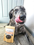 Load image into Gallery viewer, Chicken Hearts small animal treats by Naked Beasts in an orange pouch beside a dog
