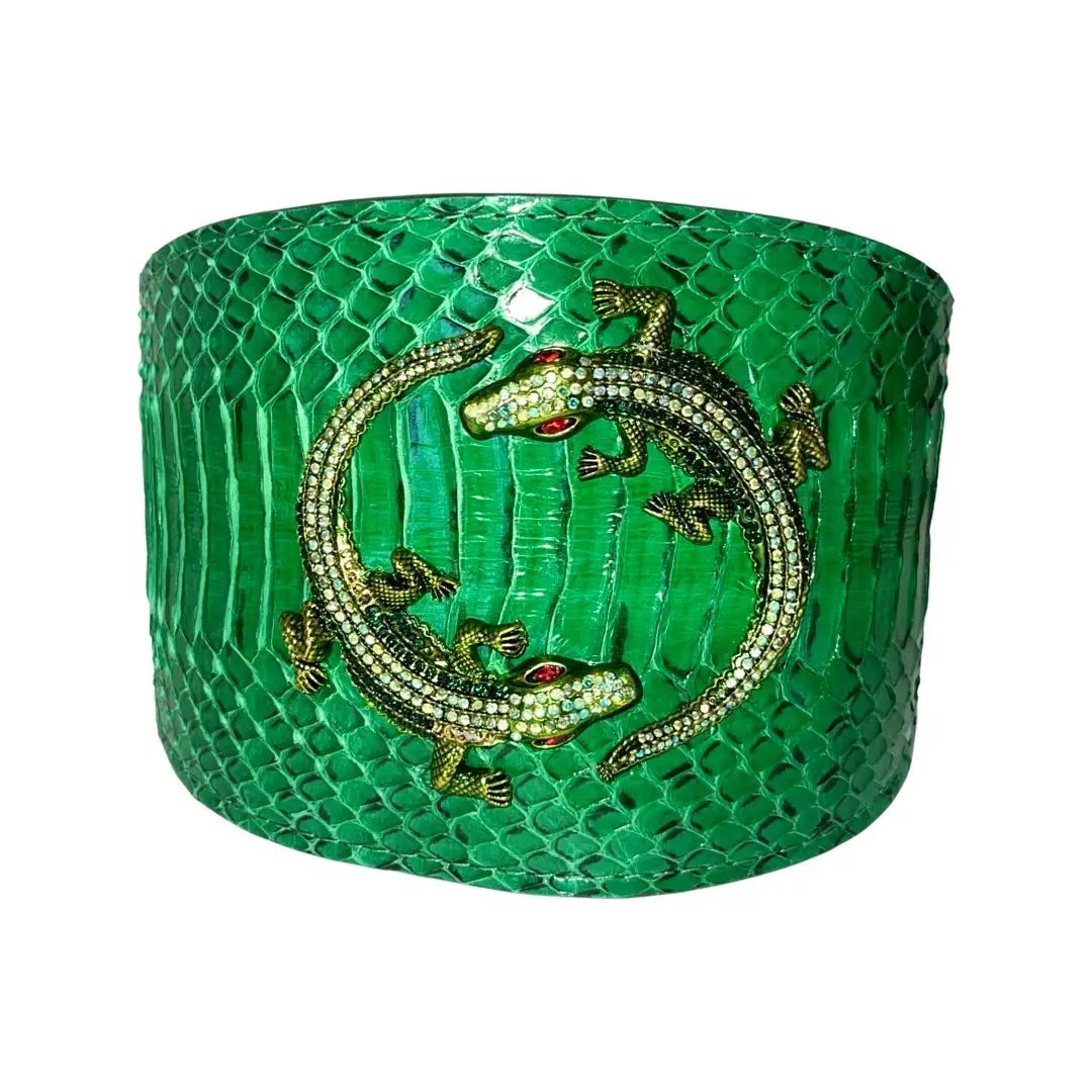 Emerald green snake collar with two green rhinestone alligators