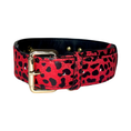 Load image into Gallery viewer, Red and black leopard print Italian leather dog collar with gold buckle by Allysa Payne Beverly Hills.
