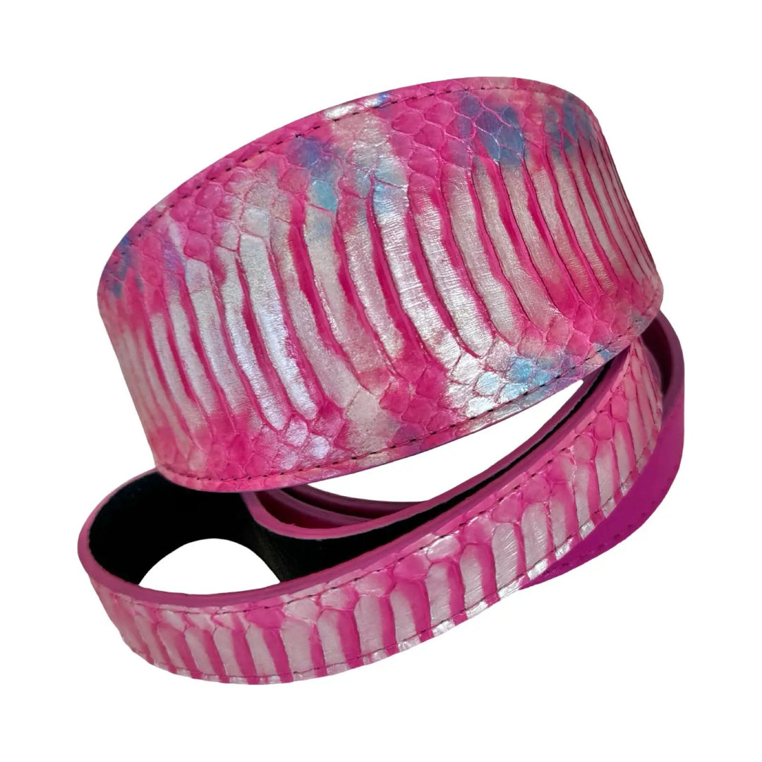 Pavé in Pink iridescent snakeskin-pattern 3-inch wide collar and leash set by Allysa Payne Beverly Hills