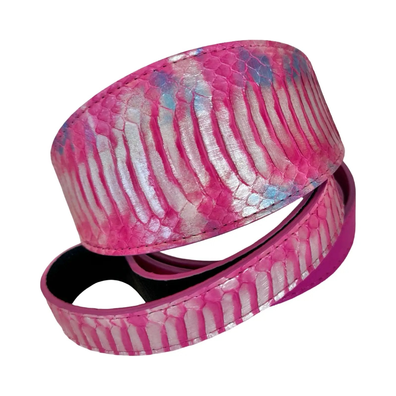 Pavé in Pink iridescent snakeskin-pattern 3-inch wide collar and leash set by Allysa Payne Beverly Hills