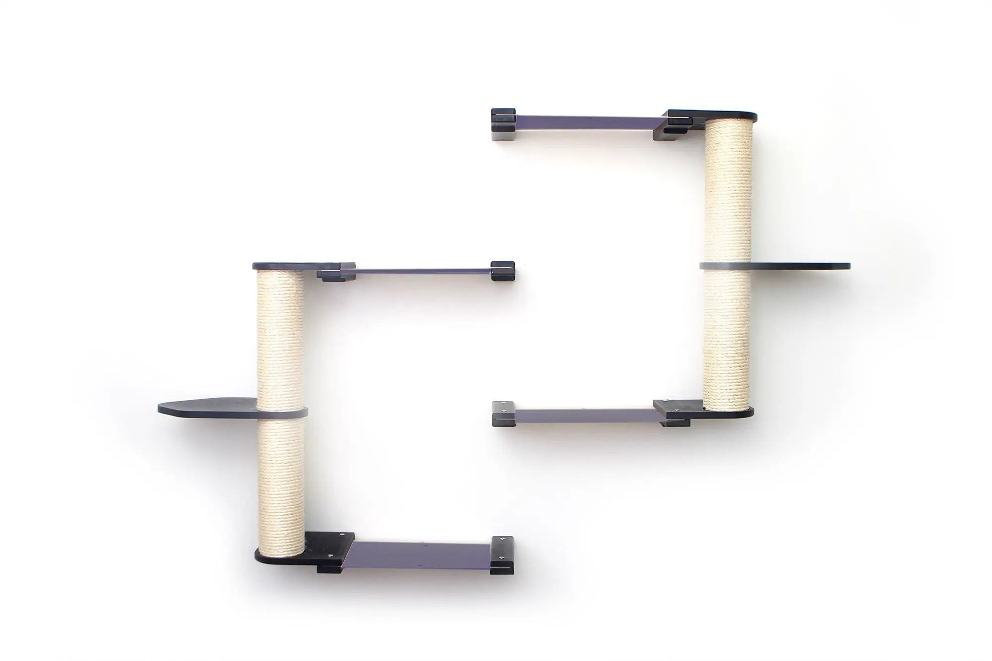 The Catacombs Cat Tree Scratching Post System components, purple platforms and sisal-wrapped posts