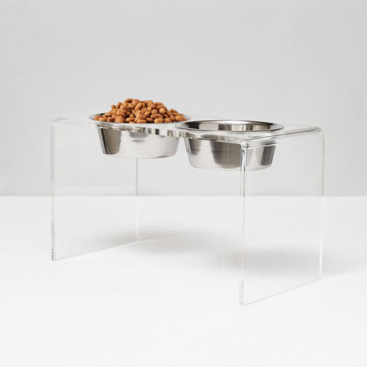 Hiddin Clear Acrylic Double Feeder with Silver Bowls – 12 in High