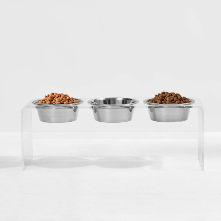 Hiddin Clear Acrylic Triple Feeder with Silver Bowls – 12 in High