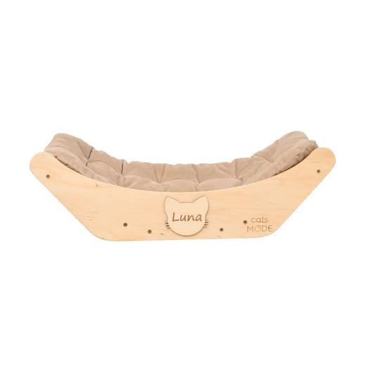 Cat bed in natural wood frame with beige cushion, wall-mounted; Luna cat emblem, by Enjoy The Wood B2B
